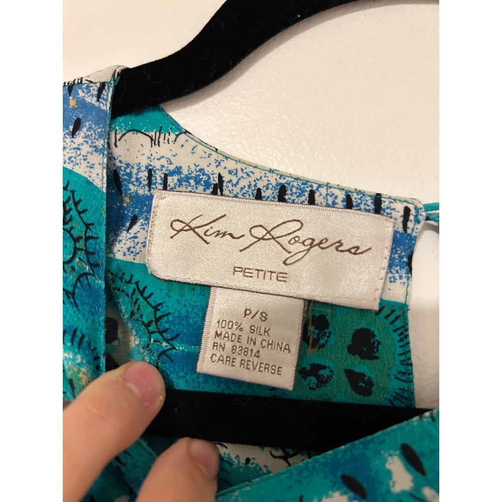 Kim Rogers Petite Small 100% Silk Teal Blue Abstract Geometric Short Sleeve Top - Picture 2 of 7
